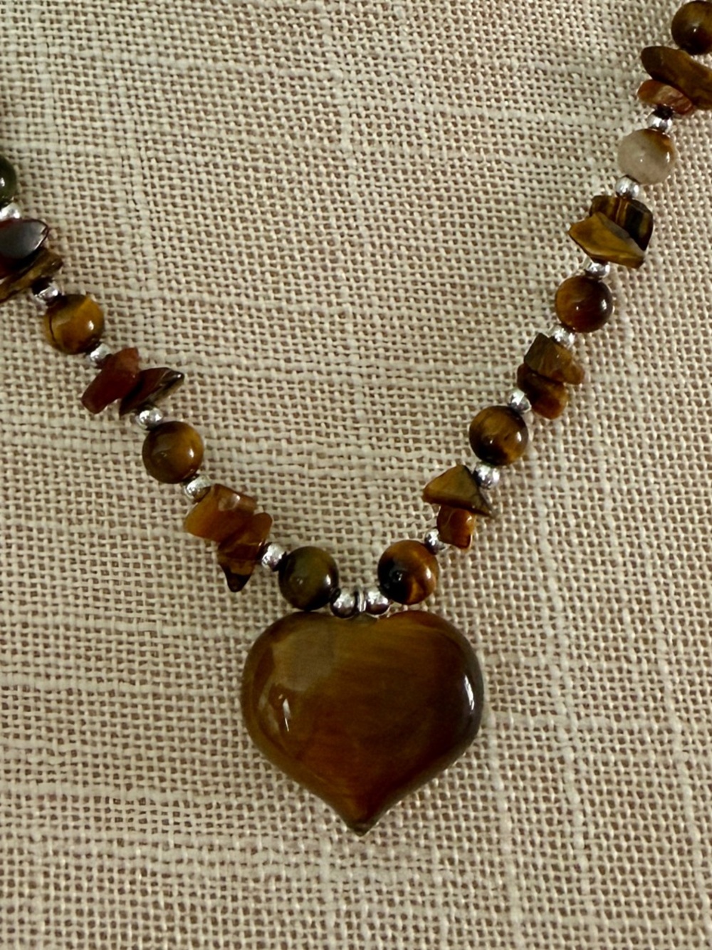 Tiger Eye Chip Bead Necklace with Heart Pendant - Picture 3 of 5